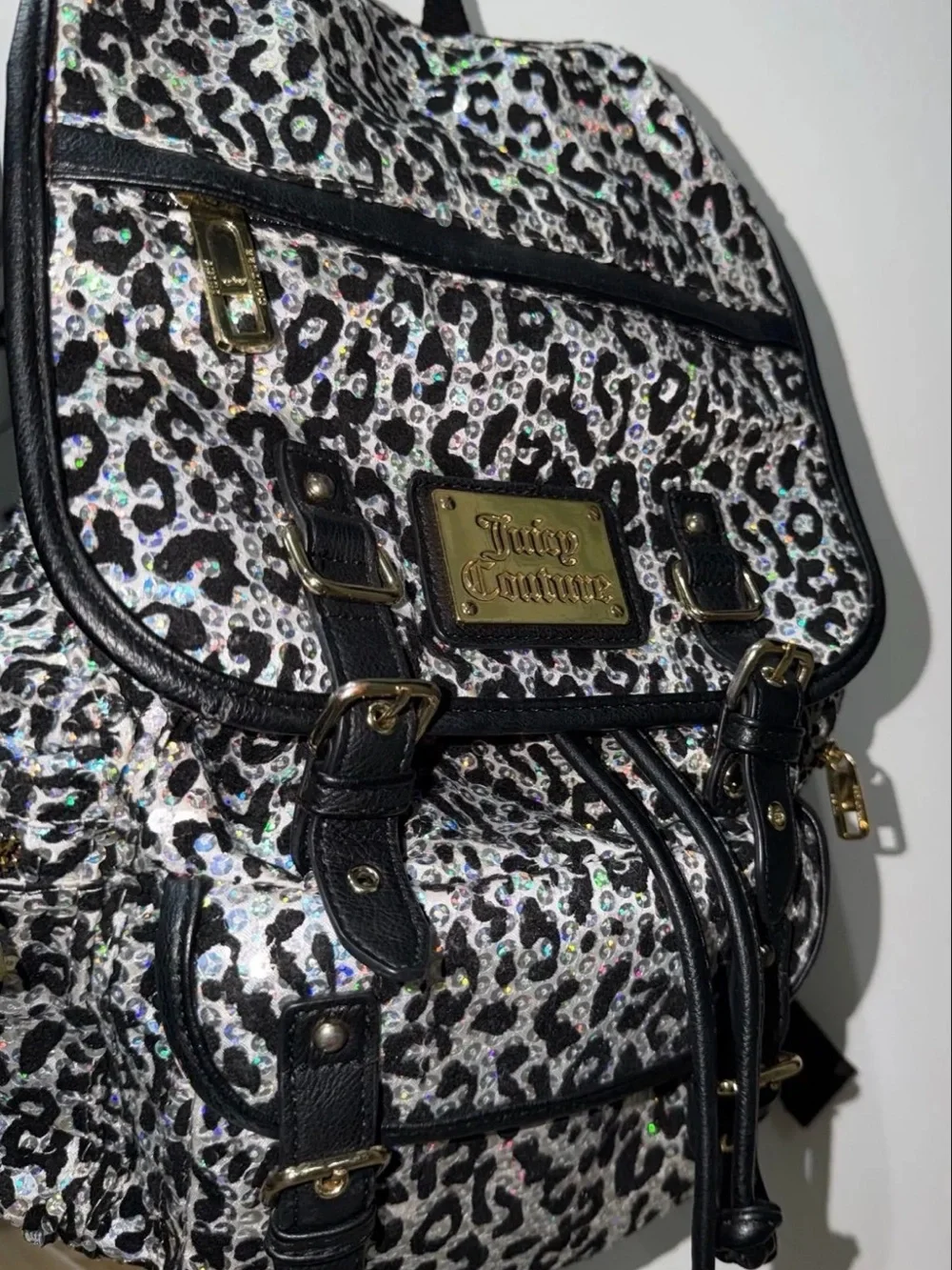 Juicy Couture Holographic Silver Leopard Backpack with Black Trim